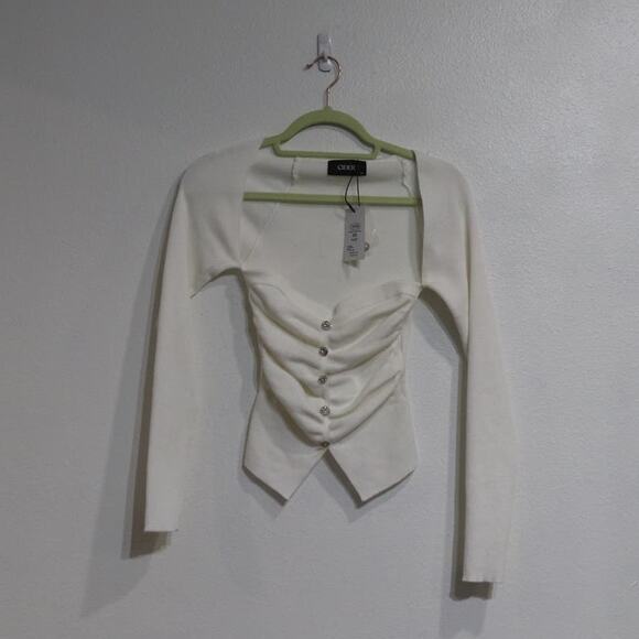 Cider Ivory Solid Rhinestone Button Knit Sweater Sz XS NWT - Picture 2 of 10